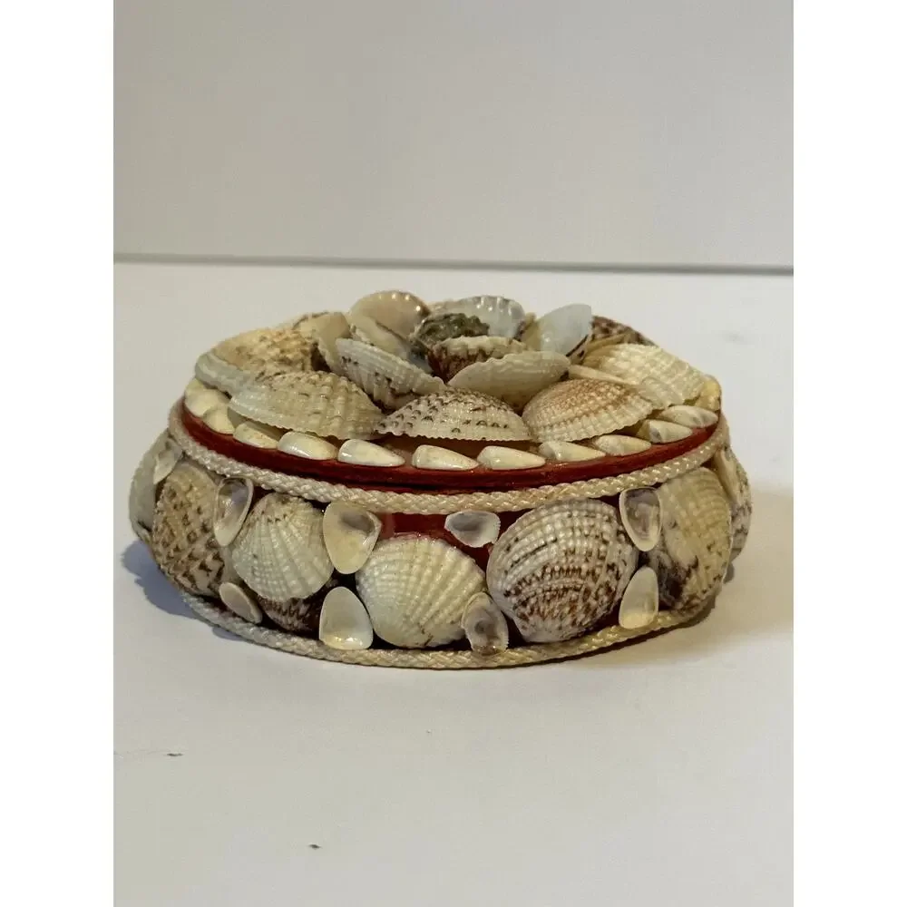 Vintage Seashell Round Trinket Box Red Lined Boho Beach Decore Small Flaws